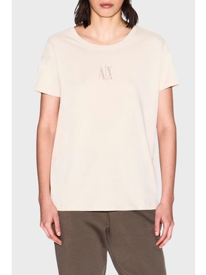 Armani Exchange Kadın %100 Pamuklu Rahat Kesim Kısa Kollu Ekru T-Shirt XW000830 AF10356-U1092