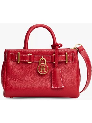 Tommy Hilfiger Kadın Deri Th Metal Logo Fermuar Kapama Kırmızı Omuz Çantası AW0AW18167-XLG
