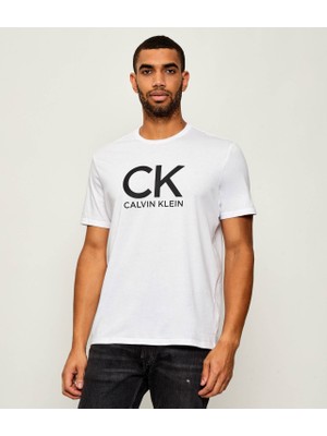 Calvin Klein Erkek %100 Pamuklu Yuvarlak Yakalı Ck Logo Baskılı Kısa Kollu Beyaz T-Shirt LV04RD819G-YAA