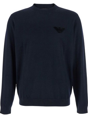 Emporio Armani Erkek Marka Logo Detaylı Bisiklet Yaka Regular Fit Lacivert Kazak EM002419 AF14158-UB118