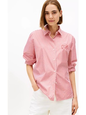 Tommy Hilfiger Kadın Rahat Kalıp Çizgi Desenli %100 Pamuk Logo Işlemeli Uzun Kollu Kırmızı Gömlek WW0WW48190-0E7