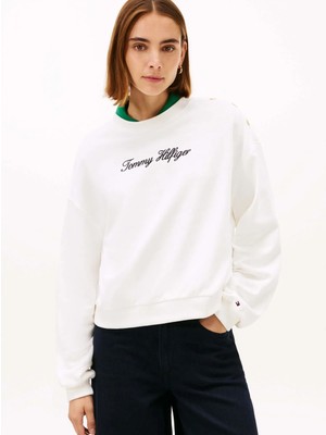 Tommy Hilfiger Kadın Pamuklu Bisiklet Yaka Uzun Kollu Beyaz Sweatshirt WW0WW48783-YBL