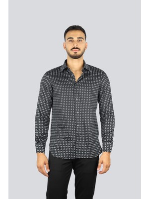 Emporio Armani Erkek Streç Pamuklu Tamamı Armani Kartal Logo Baskılı Normal Kalıp Uzun Kollu Lacivert-Beyaz Gömlek EM001537 AF14130-FB321