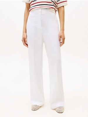 Tommy Hilfiger Kadın Yüksek Bel Geniş Paça Cep Detay Rahat Düz Model Beyaz Pantolon WW0WW46823-YCF