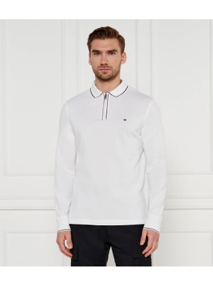 Tommy Hilfiger Erkek Polo Yaka Pamuklu Uzun Kol Fermuar Kapamalı Beyaz Polo Yaka T-Shirt MW0MW33168-YBR