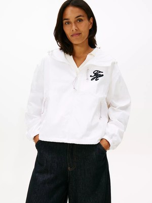 Tommy Hilfiger Kadın Dayanıklı Ince Kumaşlı Kapüşonlu Rahat Kalıp Beyaz Ceket WW0WW47769-YBL