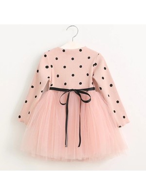 Şirin Şeyler Butiği Linda Kız Bebek Çocuk Elbise Puantiyeli Uzun Kol Esnek Likralı Somon