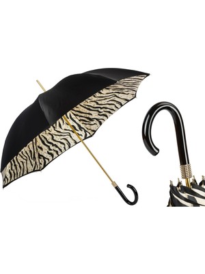 Pasotti Siyah Kaplan Çizgili Şemsiye, Çift Katlı Kumaş Manuel Açma - %100 Polyester - Asetat Sap Uzunluk: 93 Cm - Çap: 102 Cm