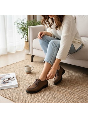 Ne&Ve Shoes Süet Hakiki Deri Bağcıklı Kadın Casual Ayakkabı