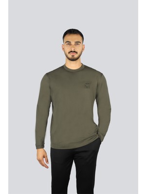 Emporio Armani Erkek Normal Kalıp Esnek Pamuklu Kartal Logo Detaylı Uzun Kollu Haki T-Shirt EM004346 AF10761-U8120