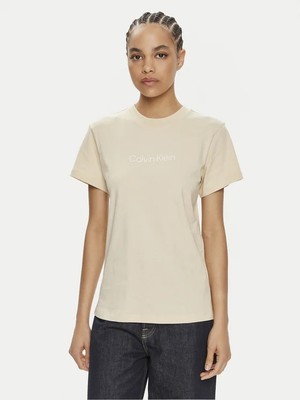 Calvin Klein Kadın Marka Logolu Sıfır Yaka Bol Kesim Kollu Bej T-Shirt K20K205448-PGD