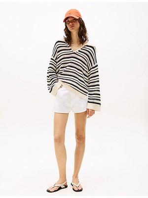 Tommy Hilfiger Kadın Yüksek Bel Kısa Boy Cep Detay Denim Kumaş Beyaz Şort WW0WW46504-YBR