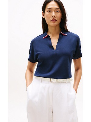 Tommy Hilfiger Kadın V Yaka Kısa Kol Düz Dokuma Kumaş Mavi Polo Yaka T-Shirt WW0WW46512-C1G