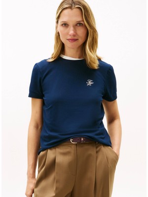 Tommy Hilfiger Kadın Marka Logo Detaylı Çizgili Regular Fit Kısa Kollu Lacivert T-Shirt WW0WW47809-C1G