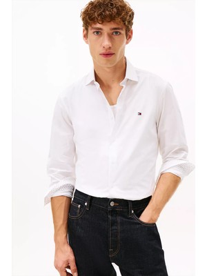Tommy Hilfiger Erkek %100 Pamuklu Slim Fit Uzun Kollu Beyaz Gömlek MW0MW41684-YBR