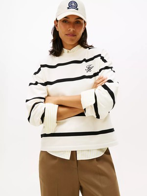 Tommy Hilfiger Kadın Rahat Kalıp Pamuklu Yuvarlak Yakalı Çizgili Desenli Uzun Kollu Bej Sweatshirt WW0WW48431-0AB