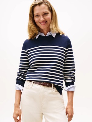 Tommy Hilfiger Kadın Saf Pamuklu Normal Kalıp Çizgili Gold Düğme Detaylı Uzun Kollu Örgü Lacivert Kazak WW0WW47305-0FI