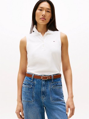 Tommy Hilfiger Kadın Polo Yaka Düğme Kapama Sıfır Kol Beyaz Polo Yaka T-Shirt WW0WW46790-YBL