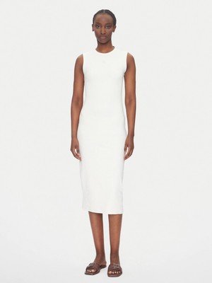 Calvin Klein Kadın Dar Kesim Yuvarlak Yaka Pamuklu Kolsuz Midi Boy Beyaz Elbise LV047C240G-YC9