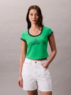 Calvin Klein Kadın Slim Fit Yuvarlak Yakalı Önü Baskılı Pamuklu Kısa Kollu Yeşil T-Shirt LV047C258G-L1X