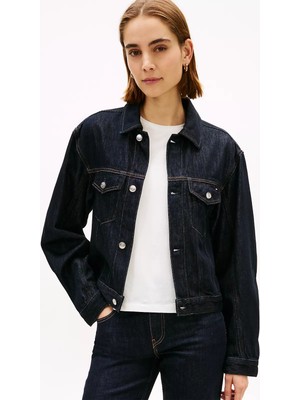 Tommy Hilfiger Kadın Normal Kalıp Hafif Düşük Omuzlu Uzun Kollu Pamuklu Denim Lacivert Ceket WW0WW49523-1AP