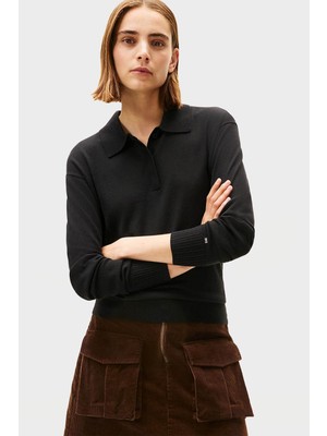 Tommy Hilfiger Kadın V Polo Yaka Uzun Kol Regular Fit Pamuklu Düz Siyah Kazak WW0WW47410-BDS