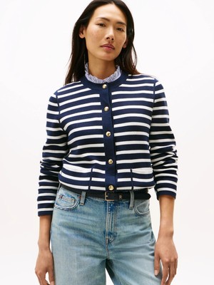 Tommy Hilfiger Kadın Çift Taraflı Organik Pamuklu Cep Detaylı Gold Düğmeli Uzun Kollu Mavi Kazak WW0WW40846-0X4