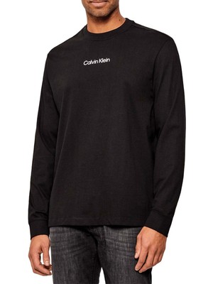 Calvin Klein Erkek Normal Kalıp %100 Pamuklu Yuvarlak Yakalı Uzun Kollu Siyah T-Shirt LV04LD232G-UB1