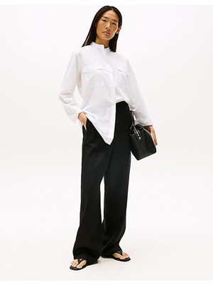 Tommy Hilfiger Kadın Yüksek Bel Geniş Paça Cep Detay Rahat Düz Model Siyah Pantolon WW0WW46823-BDS