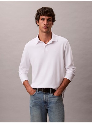 Calvin Klein Erkek Normal Kalıp %100 Pamuklu Uzun Kollu Beyaz Polo Yaka T-Shirt LV040EM909-YAF