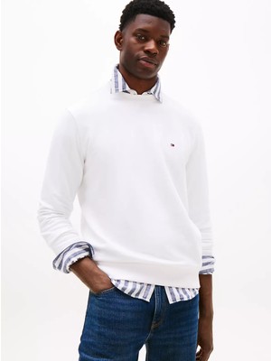 Tommy Hilfiger Erkek Pamuklu Normal Kalıp Yuvarlak Yakalı Uzun Kollu Beyaz Sweatshirt MW0MW37237-YBR