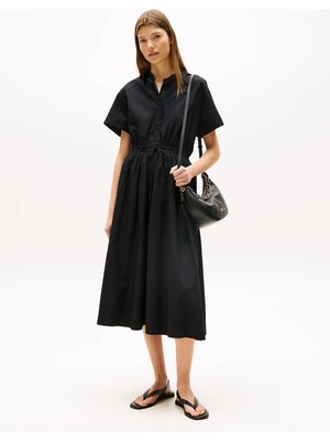 Tommy Hilfiger Kadın Kloş Kesim Yuvarlak Yakalı Düğme Kapamalı Pamuklu Lastikli Bel Bantlı Midi Siyah Elbise WW0WW45835-BDS