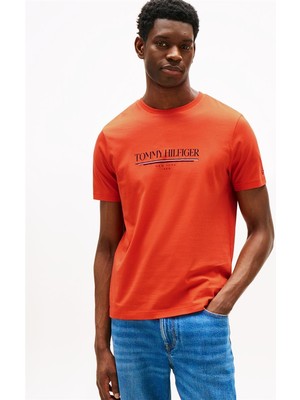 Erkek Kısa Kol Bisiklet Yaka Tommy Hilfiger Yazı Desen Slim Fit Turuncu T-Shirt MW0MW40324-SCX
