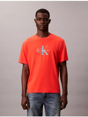 Calvin Klein Erkek Normal Kesim Yuvarlak Yakalı Ck Logo Baskılı Pamuklu Kısa Kollu Turuncu T-Shirt LV04RB862G-6WD