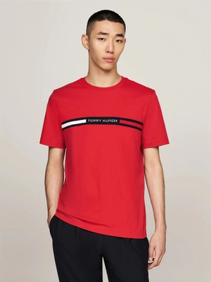 Tommy Hilfiger Erkek Göğsü Şerit Detaylı Bisiklet Yaka Kısa Kollu Kırmızı T-Shirt MW0MW36498-XLG