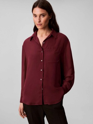 Calvin Klein Kadın Normal Kalıp Kolları Tül Detaylı Bordo Gömlek LV044B902G-GEX