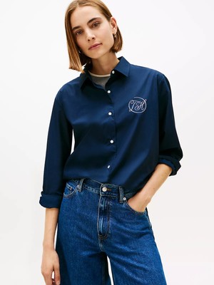 Tommy Hilfiger Kadın Rahat Kalıp Çizgi Desenli %100 Pamuk Logo Işlemeli Uzun Kollu Lacivert Gömlek WW0WW48190-C1G