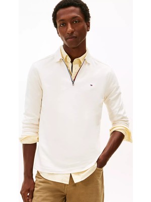 Tommy Hilfiger Erkek Regular Fit Pamuklu Yarım Fermuarlı Uzun Kollu Beyaz Polo Yaka T-Shirt MW0MW42808-Z00