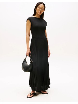 Tommy Hilfiger Kadın Bisiklet Yaka Uzun Pileli Dokuma Kumaş Rahat Kesim Siyah Elbise WW0WW44491-BDS