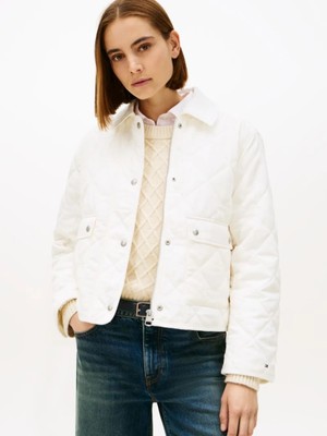 Tommy Hilfiger Kadın Regular Fit Su Geçirmez Kapitone Desenli Uzun Kollu Beyaz Ceket WW0WW47998-YA8