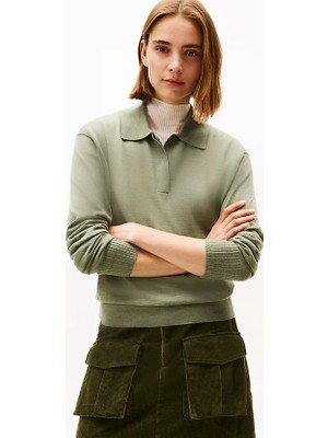 Tommy Hilfiger Kadın V Polo Yaka Uzun Kol Regular Fit Pamuklu Düz Yeşil Kazak WW0WW47410-MTD