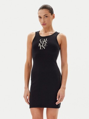Calvin Klein Kadın Slim Fit Yuvarlak Yakalı Askılı Logo Baskılı Pamuklu Mini Siyah Elbise LV044C203G-UB1
