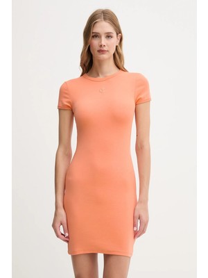 Calvin Klein Kadın Dar Kesim Yuvarlak Yakalı Kısa Kollu Ck Logo Işlemeli Mini Turuncu Elbise LV047B266G-VDW