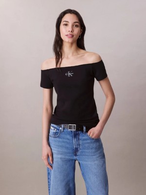 Calvin Klein Kadın Slim Fit Kayık Yaka Pamuklu Ck Logolu Kısa Kollu Siyah T-Shirt LV047C203G-UB1