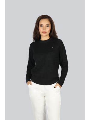 Tommy Hilfiger Kadın Normal Kalıp Ribana Yakalı Uzun Kollu %100 Pamuklu Örme Siyah Kazak WW0WW44993-BDS