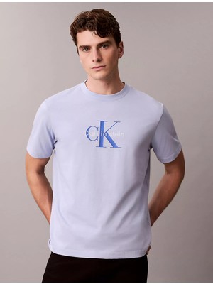 Calvin Klein Erkek Normal Kesim Yuvarlak Yakalı Ck Logo Baskılı Pamuklu Kısa Kollu Mavi T-Shirt LV04RB862G-TKF