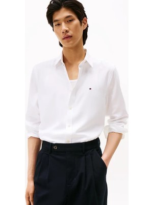 Tommy Hilfiger Erkek Slim Fit Nem Kontrol Özellikli Oxford Pike Dokuma Kumaş Uzun Kollu Beyaz Gömlek MW0MW40516-YBR