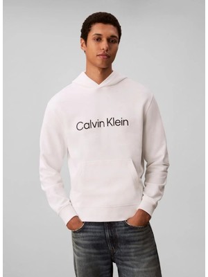 Calvin Klein Erkek Rahat Kalıp Kapüşonlu Göğsünde Logo Baskılı Uzun Kollu Beyaz Sweatshirt LV14LD231G-YAF