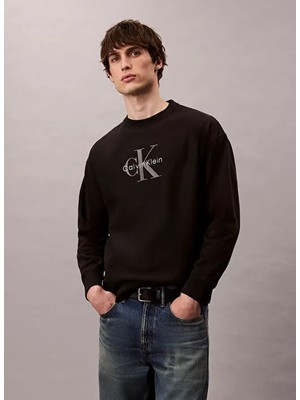 Calvin Klein Erkek Bisiklet Yaka Büyük Ck Desen Uzun Kol Pamuklu Regular Fit Siyah Sweatshirt LV04RD234G-UB1