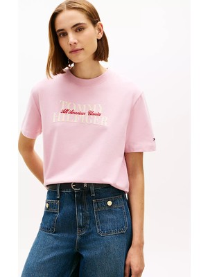 Tommy Hilfiger Kadın Saf Pamuklu Kalın Kumaş Kadife Logo Baskılı Kısa Kollu Pembe T-Shirt WW0WW47884-TPG